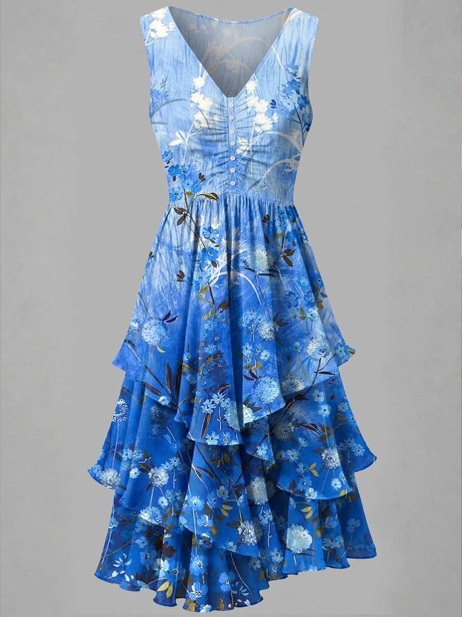 Retro Floral Art Print Casual Vintage V-Neck Button Midi Dress